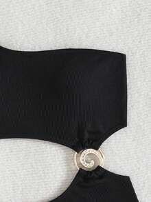 wohenmeili 女士无袖黑色高弹针织比基尼套装，波西米亚风圆领露背设计，饰有圆环，适合海滩度假夏季穿着。 - 黑色 - 查看 4