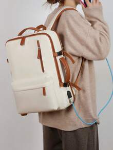 Zaino da viaggio espandibile, zaino per laptop multifunzione di grande capacità per donne - Beige, cinghie regolabili, scomparti multipli, materiale in nylon, zaino da lavoro