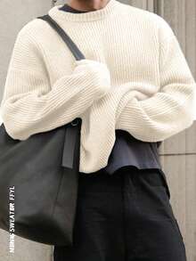 Lightweight Casual Textured Knit Sweater, Loose Fit Round Neck Pullover, Unisex Design, Autumn/Winter - Apricot - View 3