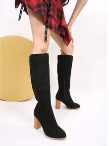 秋冬女式时尚搭扣侧拉链平底靴，搭配毛衣百搭，过膝长靴 - 黑色 - 查看 8