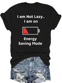 Camiseta de mujer "I Am In Energy Ng Mode" Unisex de verano, casual, transpirable, de personalidad, cuello redondo, manga corta, ropa de calle, versátil, adecuada para adolescentes y adultos - Negro - Ver 1