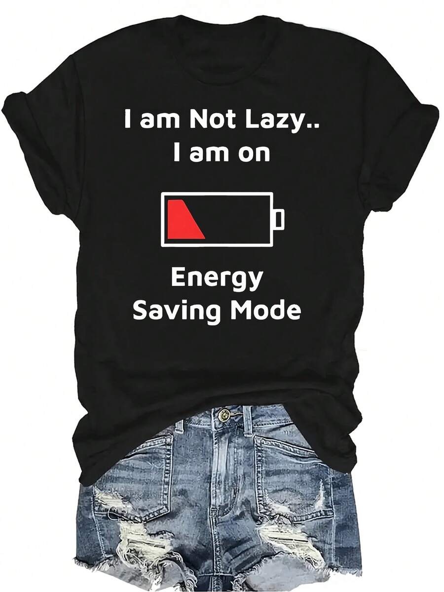 Camiseta de mujer "I Am In Energy Ng Mode" Unisex de verano, casual, transpirable, de personalidad, cuello redondo, manga corta, ropa de calle, versátil, adecuada para adolescentes y adultos - Negro - Ver 1