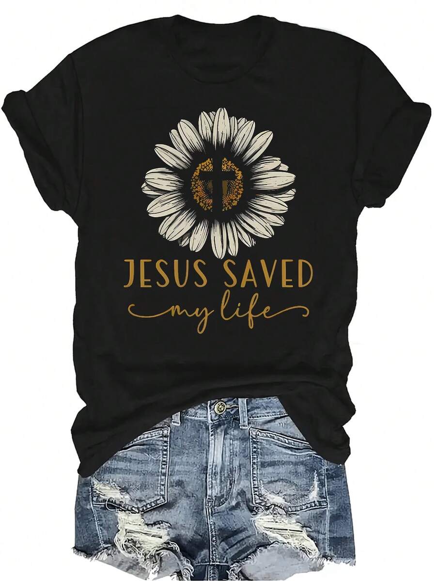 Camiseta "Jesús salvó mi vida" para mujer y unisex, de verano, casual, transpirable, con personalidad, cuello redondo, manga corta, ropa de calle, versátil, adecuada para adolescentes y adultos - Negro - Ver 1