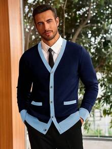 Men's Long Sleeve Button Down Knitted Cardigan Sweater With Pockets, Casual Style - 海軍 - 查看 4