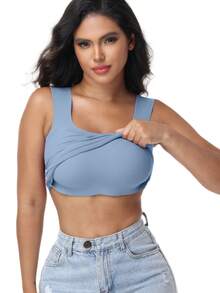 Women's Built-In Bra Tank Top Ribbed Slim Fit Wirefree Shelf Padded Tank Shirts Wide-Strap Square Neck Undershirt - 藍色 - 查看 3