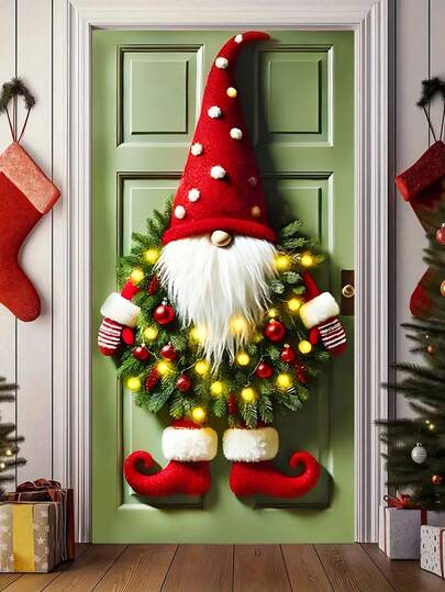 1 pièce/Guirlande de porte de gnome de Noël, en polyester durable, avec un gnome au chapeau rouge à pois blancs, 90 cm x 180 cm, longue barbe blanche et un design de couronne verte ornée de boules rouges et dorées et de petites lumières. Bras rayés et bottes rouges avec détails de bordure blanche. Décoration suspendue polyester festive et amusante, convenant pour les portes d'entrée de Noël, les vérandas de vacances et les entrées de maison d'hiver.