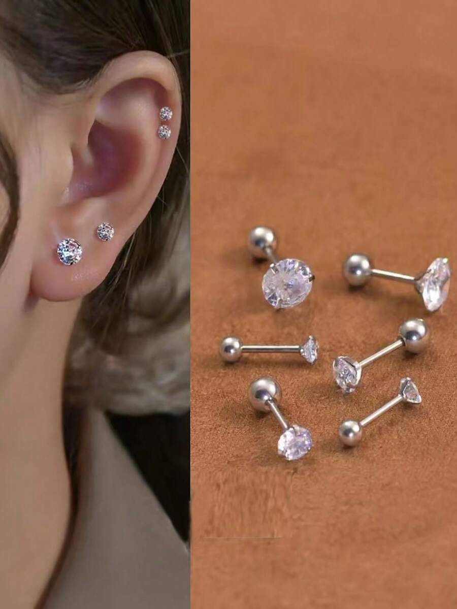 3 对经典圆形锆石耳钉，适合女士，不锈钢耳软骨、耳屏、耳垂、耳甲穿孔首饰