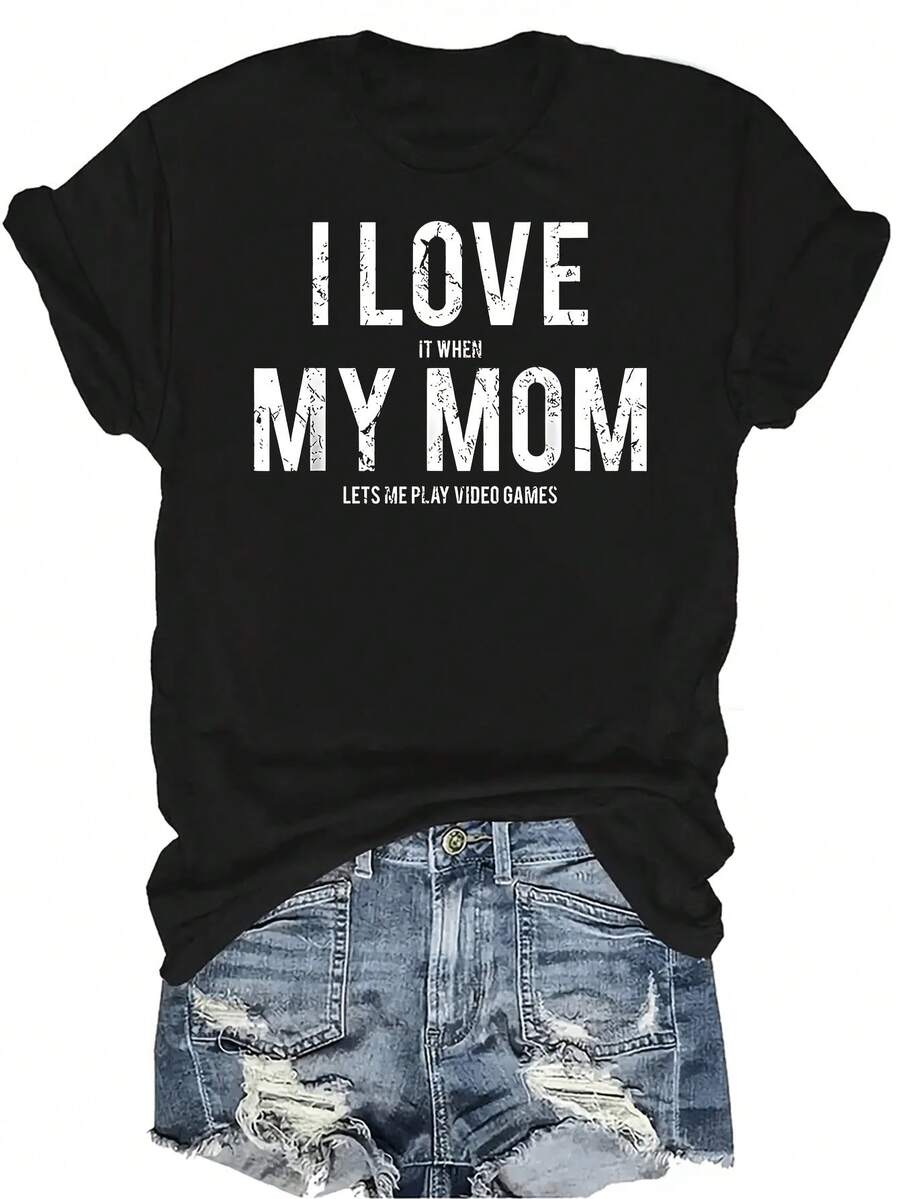Camiseta con estampado "Amo a mi mamá" para mujer y unisex, de verano, casual, transpirable, de personalidad, cuello redondo, manga corta, ropa de calle, versátil, adecuada para adolescentes y adultos - Negro - Ver 1
