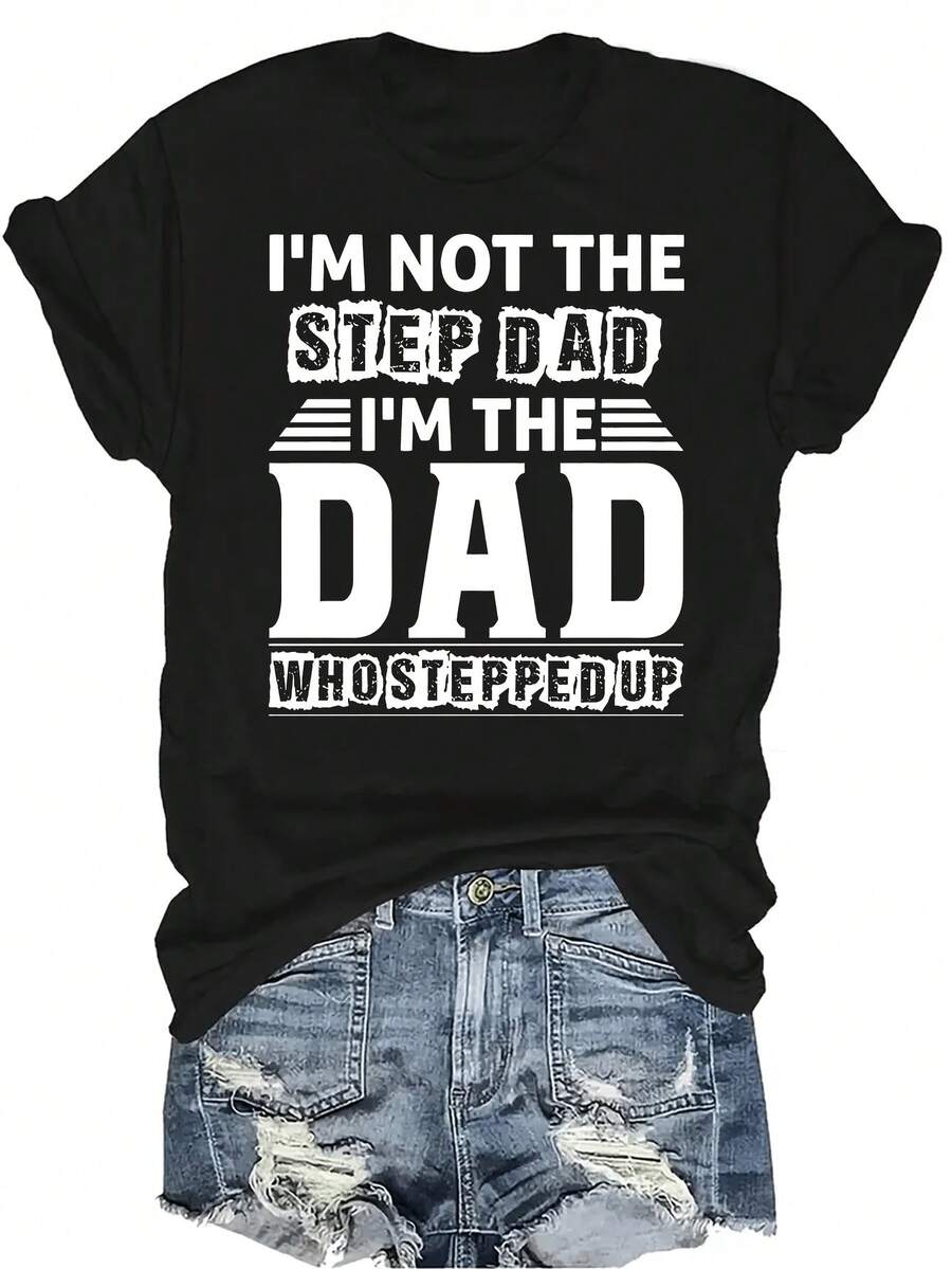 Camiseta con estampado de letra para mujer y unisex, de verano, casual, transpirable, con cuello redondo, manga corta, estilo urbano y versátil, adecuada para adolescentes y adultos - Negro - Ver 1