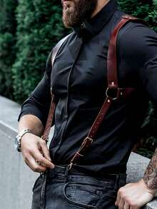 男士皮革背带，男士胸带，男士皮革背带，狂欢服装腰带，男士性感配饰 - 棕色 - 查看 3