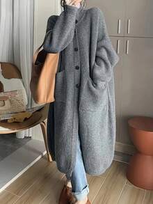 大码女式优雅休闲日常百搭中长款开衫，长袖带口袋，纯色，秋冬 - 灰色 - 查看 1