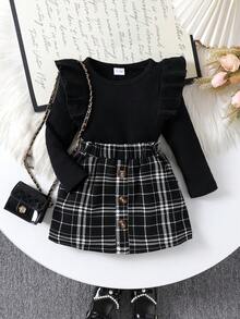 2 件女婴优雅长袖上衣 + 格子裙套装，秋冬 - 黑色 - 查看 1