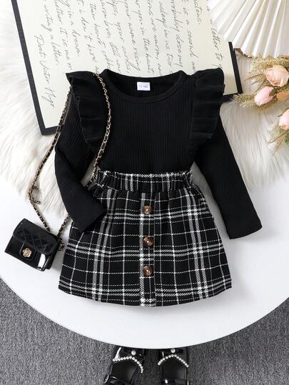 2 件女婴优雅长袖上衣 + 格子裙套装，秋冬