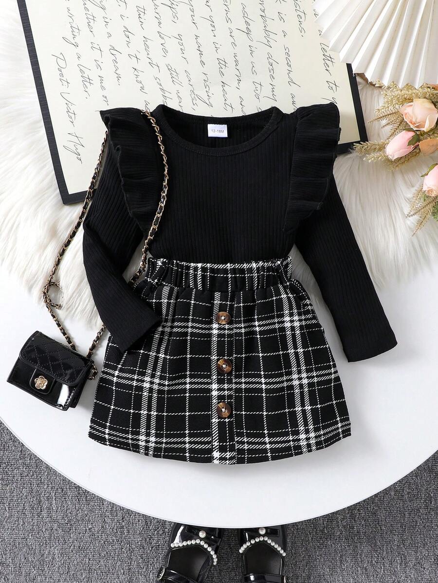 2 件女婴优雅长袖上衣 + 格子裙套装，秋冬 - 黑色 - 查看 1