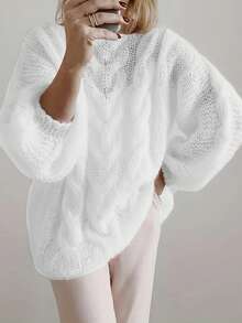 Elegant, Pure, Sweet, Minimalist Casual Plus Size Knitted Pullover Sweater, European Style Long Sleeve Solid Color Crew Neck Cable Knit Plus Size Women Sweater - White - View 3