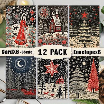 6pcs 10*14.5mm Merry Christmas Card- Woodland Winter Christmas Cards, Rustic Wildlife And Snowy Scene Nature-Inspired Holiday Greeting Card - For Loved Ones, Friends And Family Greeting Card Gift For Her Friend Daughter Mother Kids Gift