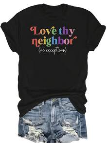 Camiseta "Ama a tu prójimo" para mujer y unisex, de verano, casual, transpirable, con personalidad, cuello redondo, manga corta, ropa de calle, versátil, adecuada para adolescentes y adultos - Negro - Ver 1