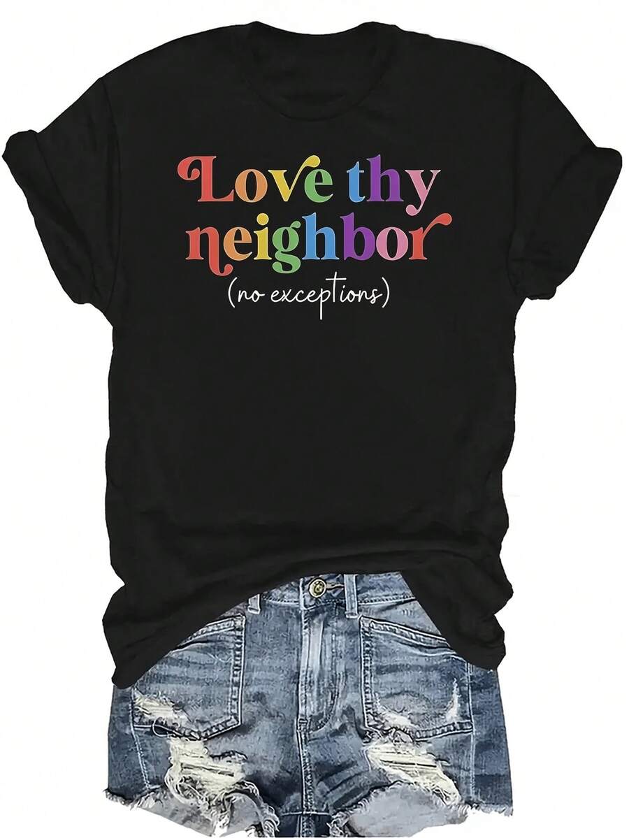 Camiseta "Ama a tu prójimo" para mujer y unisex, de verano, casual, transpirable, con personalidad, cuello redondo, manga corta, ropa de calle, versátil, adecuada para adolescentes y adultos - Negro - Ver 1