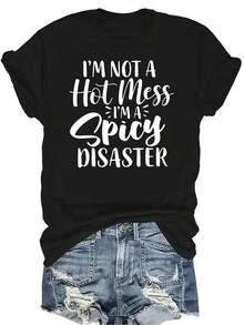 No soy un desastre, soy un desastre picante Camiseta para mujeres y unisex, de verano, casual, transpirable, con personalidad, cuello redondo, manga corta, ropa de calle, versátil, adecuada para adolescentes y adultos - Negro - Ver 1