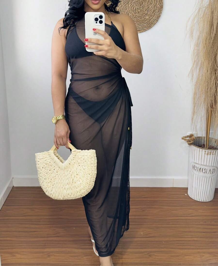 Sexy Beach Cover-Up Asymmetrical Greek Mesh Fabric Beach Travel Summer - 黑色 - 查看 1