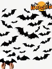 Set de 48 pegatinas de murciélagos 3D de PVC negro - Suministros para fiestas de Halloween, pegatinas de murciélagos de terror adhesivas, adecuadas para decoración del hogar, bar, dormitorio - Decoración de fiesta, decoración de jubilación, decoración de Halloween