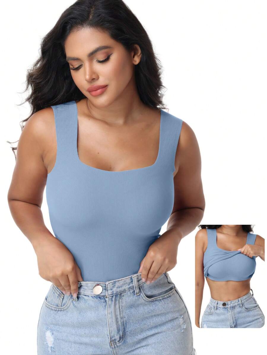 Women's Built-In Bra Tank Top Ribbed Slim Fit Wirefree Shelf Padded Tank Shirts Wide-Strap Square Neck Undershirt - 藍色 - 查看 1