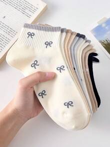 5 Pairs Women's Cute Breathable Bow Pattern Short, Simple And Comfortable Crew Socks, Ankle Socks, White Socks, Black Socks For Daily & Casual Wear, Suitable For Fall&Winter, For All Seasons
