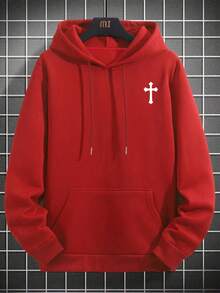Men's Casual Minimalist Cross Print Drawstring Hooded Sweatshirt, Back To School, Fall Winter, Long Sleeve Top - Red - View 7