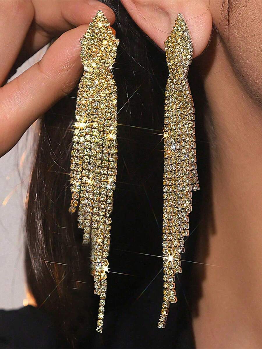 1 Pair Rhinestone Encrusted Long Tassel Earrings, Versatile For Daily Wear - Yellow Gold - View 1