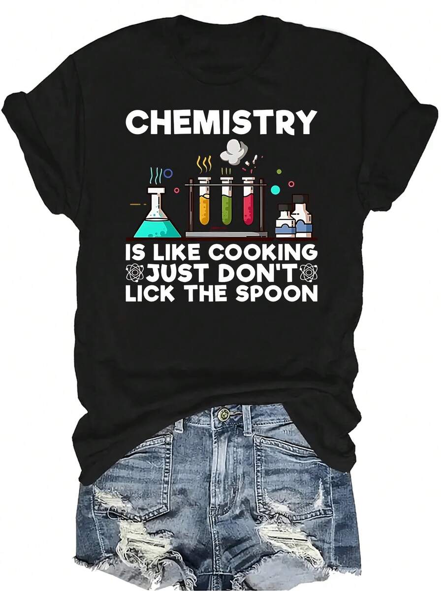 Sudadera con capucha para mujer con texto en inglés divertido "Profesora de química". Camiseta de mujer unisex de verano, casual, transpirable, de personalidad, de cuello redondo, de manga corta, de streetwear, versátil, adecuada para adolescentes y adultos - Negro - Ver 1