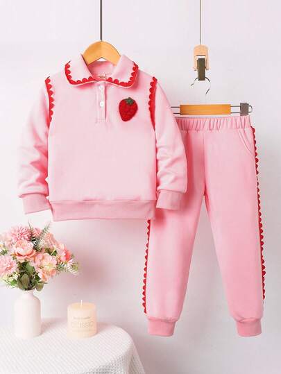 2pcs Girls Strawberry Pattern Ruffle Trim Collared Sweatshirt Top And Ruffle Trim Casual Comfortable Sweatpants Set, Suitable For Outdoor Wear In Autumn And Winter