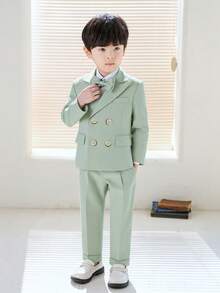 3 pezzi/set Completo formale per ragazzi giovani: giacca + pantaloni + papillon, abito da cerimonia, paggetto da matrimonio, costume per vacanze scolastiche - Verde - Visualizzare 16