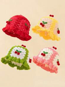 1pc Girls Winter Knitted Hollow Cherry Warm Hat, Fashion Kids Knitted Cap, Hand-Knitted Cherry Hat Suitable For 3-8Y