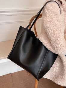 Large Capacity Solid Color Simple Tote Bag, Suitable For Shopping, Wallet, Young Women, College Students, Beginners, White-Collar. Ideal For Office, University, Work, Business, Commuting, Outdoor Activities, Travel And Picnics - Black - View 3