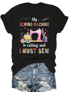 Camiseta con estampado de máquina de coser para mujeres y unisex, de verano, casual, transpirable, de personalidad, de cuello redondo, de manga corta, de uso versátil, adecuada para adolescentes y adultos - Negro - Ver 1