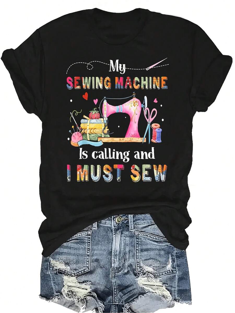 Camiseta con estampado de máquina de coser para mujeres y unisex, de verano, casual, transpirable, de personalidad, de cuello redondo, de manga corta, de uso versátil, adecuada para adolescentes y adultos - Negro - Ver 1