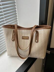Straw Woven Tote Bag For Women, Fashion Vacation Beach Bag, Large Capacity Versatile Commuter Shoulder Bag - Coffee Brown - View 8