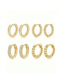 6pcs/4pcs/2pcs Set Vintage Metal Beads & Braided Hoop Earrings, 14K Gold Plated, Minimalist Fashion Jewelry