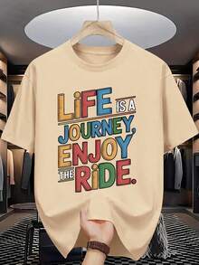Camiseta gráfica casual de verano para hombres - Impresión "La vida es un viaje, disfruta el recorrido", cuello redondo, manga corta, ajuste regular, tallas para adultos - Negro - Ver 12