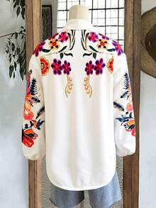 大码女式宽松休闲花卉印花衬衫，适合日常休闲和通勤穿着 - 彩色 - 查看 3