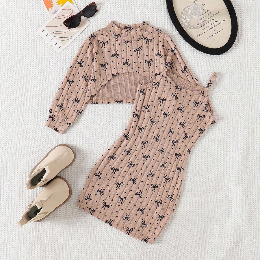 Young Girls Solid Ribbed Bow & Heart Print Fuzzy Long Sleeve Crop Top + Cami Dress 2-Piece Set