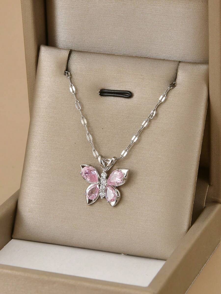 1 件时尚方晶锆石蝴蝶不锈钢项链，适合女性日常佩戴，女士银色珠宝项链，高品质镀铂金项链，女士珠宝项链，女士配饰 - 銀色 - 查看 1