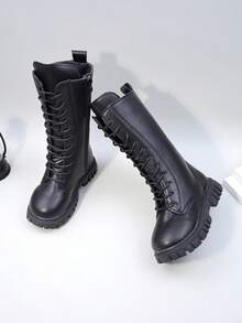 Giày bốt cho bé gái mùa thu/đông, giày bốt cổ cao kiểu mới cho trẻ em, giày bốt cao đến giữa bắp chân kiểu Anh, giày bốt đế dày, giày bốt da công chúa, giày học sinh, giày bốt cao cho bé gái - màu đen - Xem 7