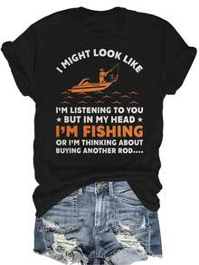 Camiseta "I'm Fishing" para mujer y unisex, de verano, casual, transpirable, con personalidad, cuello redondo, manga corta, ropa de calle, versátil, adecuada para adolescentes y adultos - Negro - Ver 1