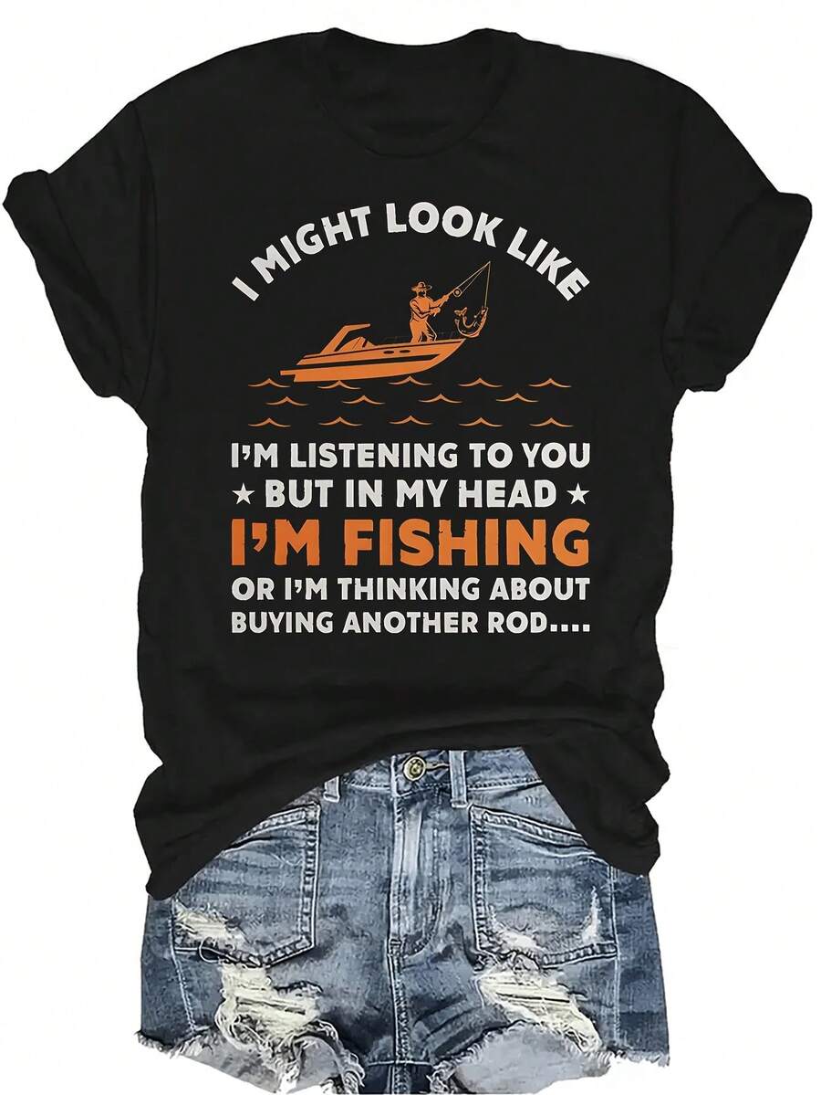 Camiseta "I'm Fishing" para mujer y unisex, de verano, casual, transpirable, con personalidad, cuello redondo, manga corta, ropa de calle, versátil, adecuada para adolescentes y adultos - Negro - Ver 1