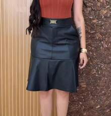 Women's Midi Skirt, Leatherette, Elegant Evangelical Fashion Style - Negro - Ver 3