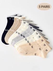 5 Pairs Women's Cute Breathable Bow Pattern Short, Simple And Comfortable Crew Socks, Ankle Socks, White Socks, Black Socks For Daily & Casual Wear, Suitable For Fall&Winter, For All Seasons