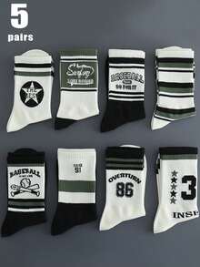 5 Pairs Assorted Breathable Moisture Wicking Mid-Calf Socks For Men, Fashionable Letter Print & Colorblock Design, Suitable For Autumn, Fall