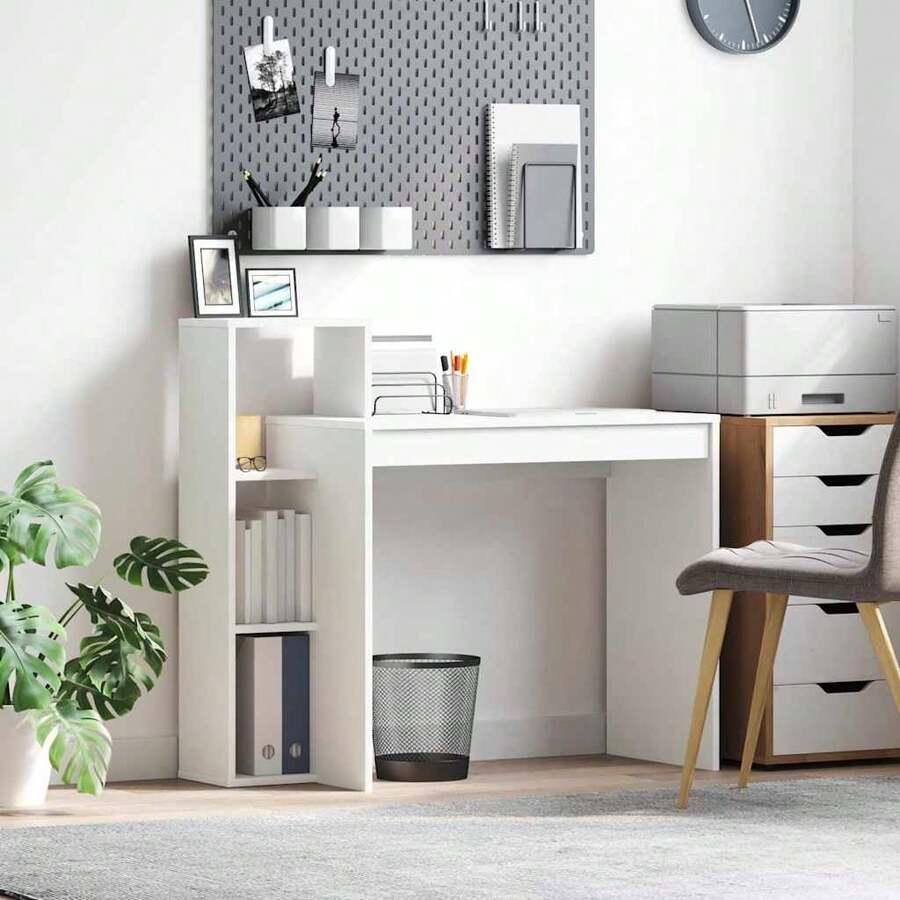 Escritorio Larryhot con estante blanco 100 x 40 x 90 cm Madera de ingeniería, resistente y duradera, fácil de montar, estilo decorativo, hermoso y práctico. - Blanco - Ver 1