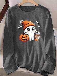 Cute Ghost With A Hat Cartoon Graphic Tees,Fall Clothes For Women Comfortable Casual Thanksgiving Pumpkin Prints Long-Sleeved T-Shirts,Halloween Theme For Party Gatherings Clothes Going Out Tops Women For Home Or Outdoor